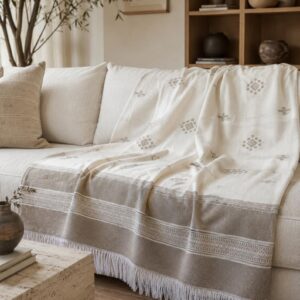Amazigh Berber Cotton Blanket Taupe Throw with Fringe Bedspread