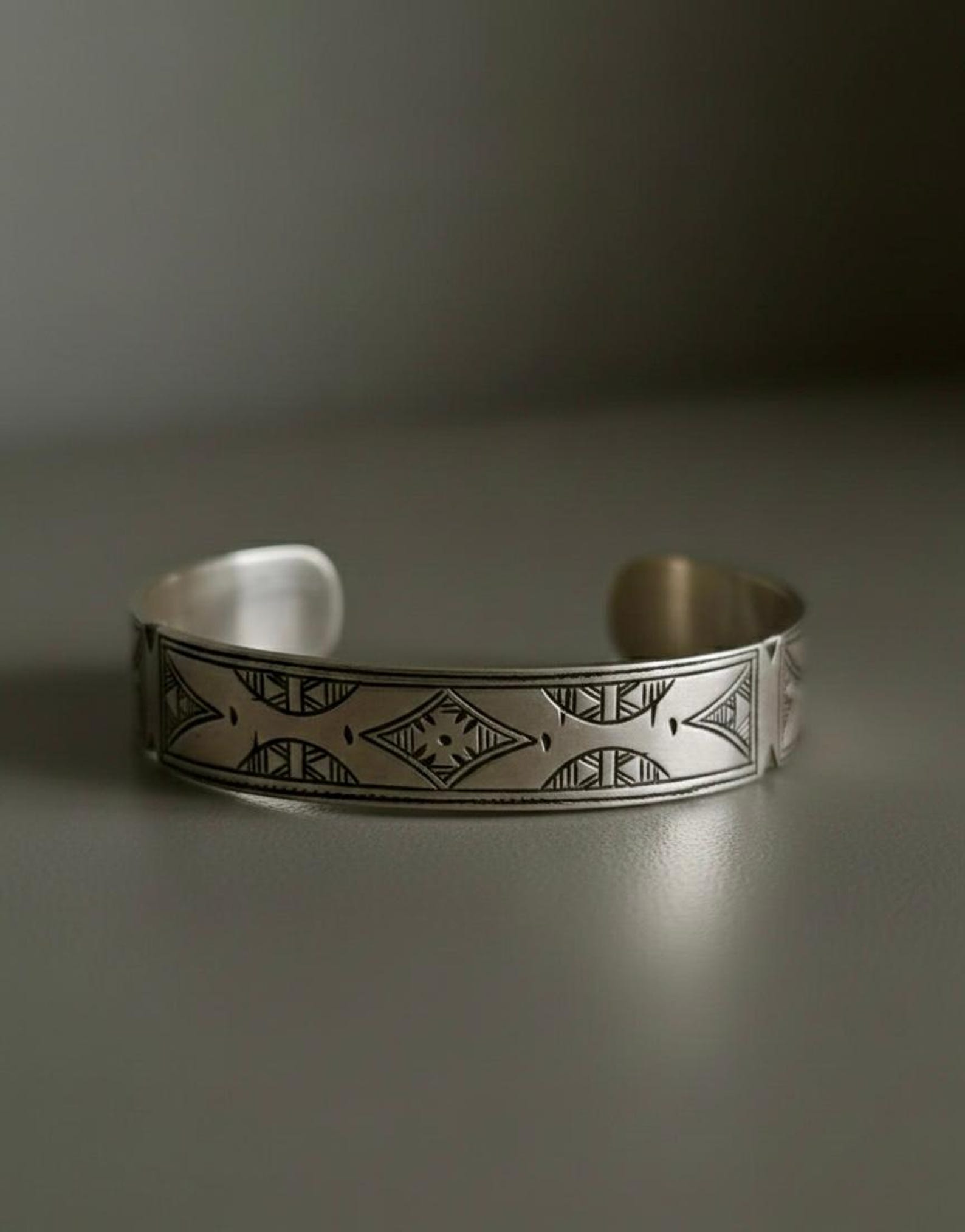 Berber Amazigh Engraved Silver-Toned Cuff Bracelet Minimal Unisex Style