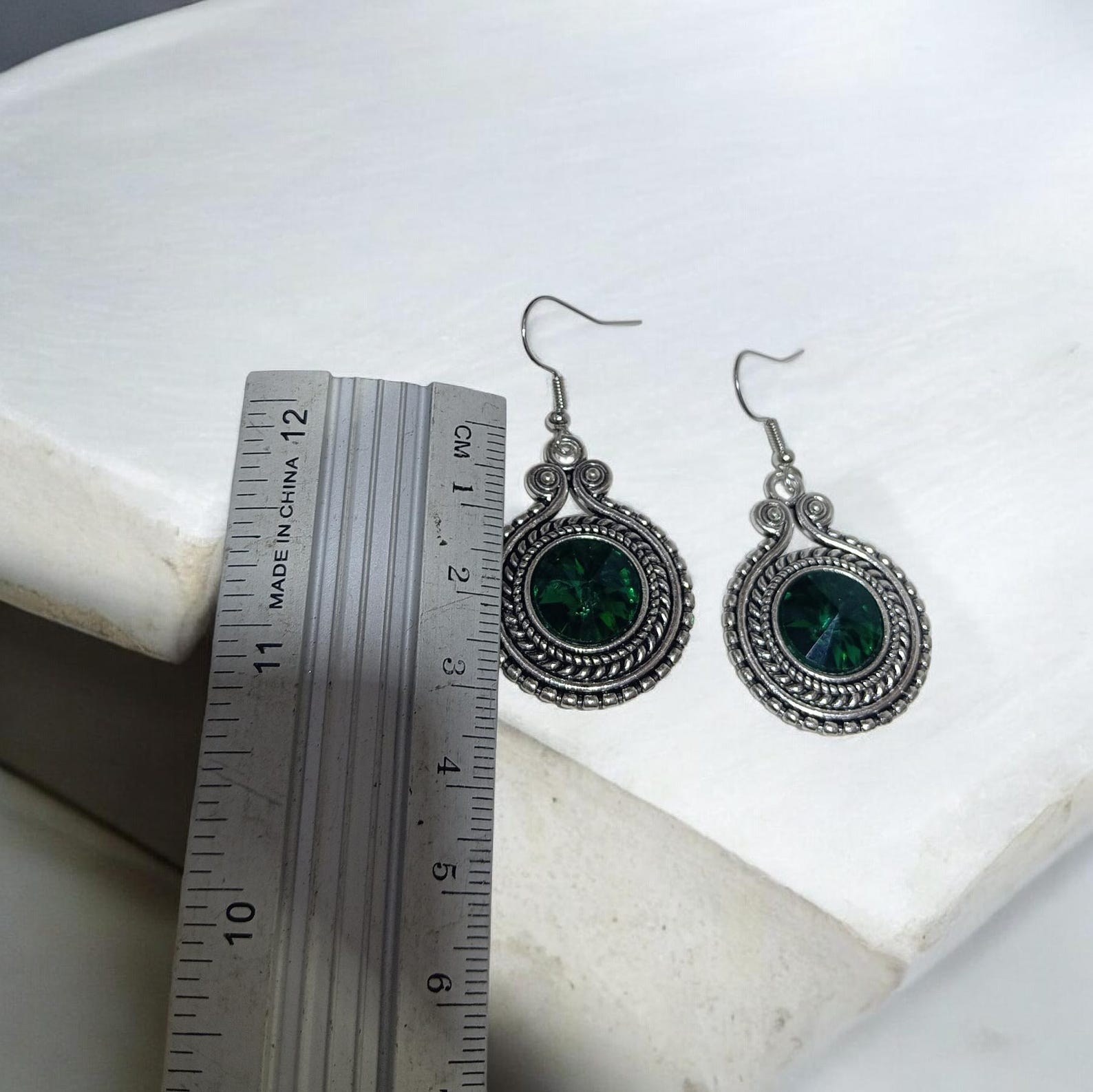 Amazigh Traditional Silver Plated Earrings with Green Stone