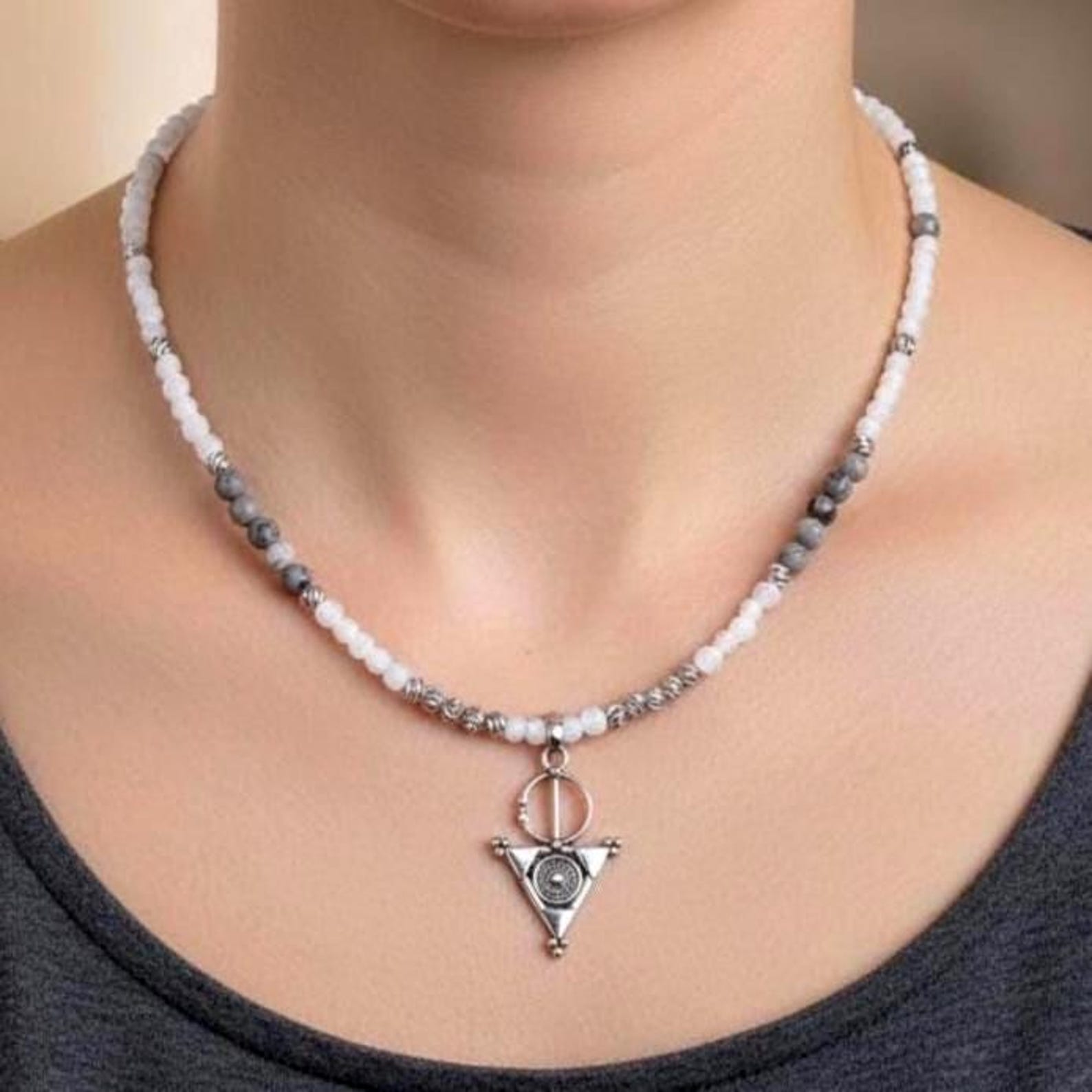 Amazigh Berber Tizerzit Necklace with Natural Stones and Steel