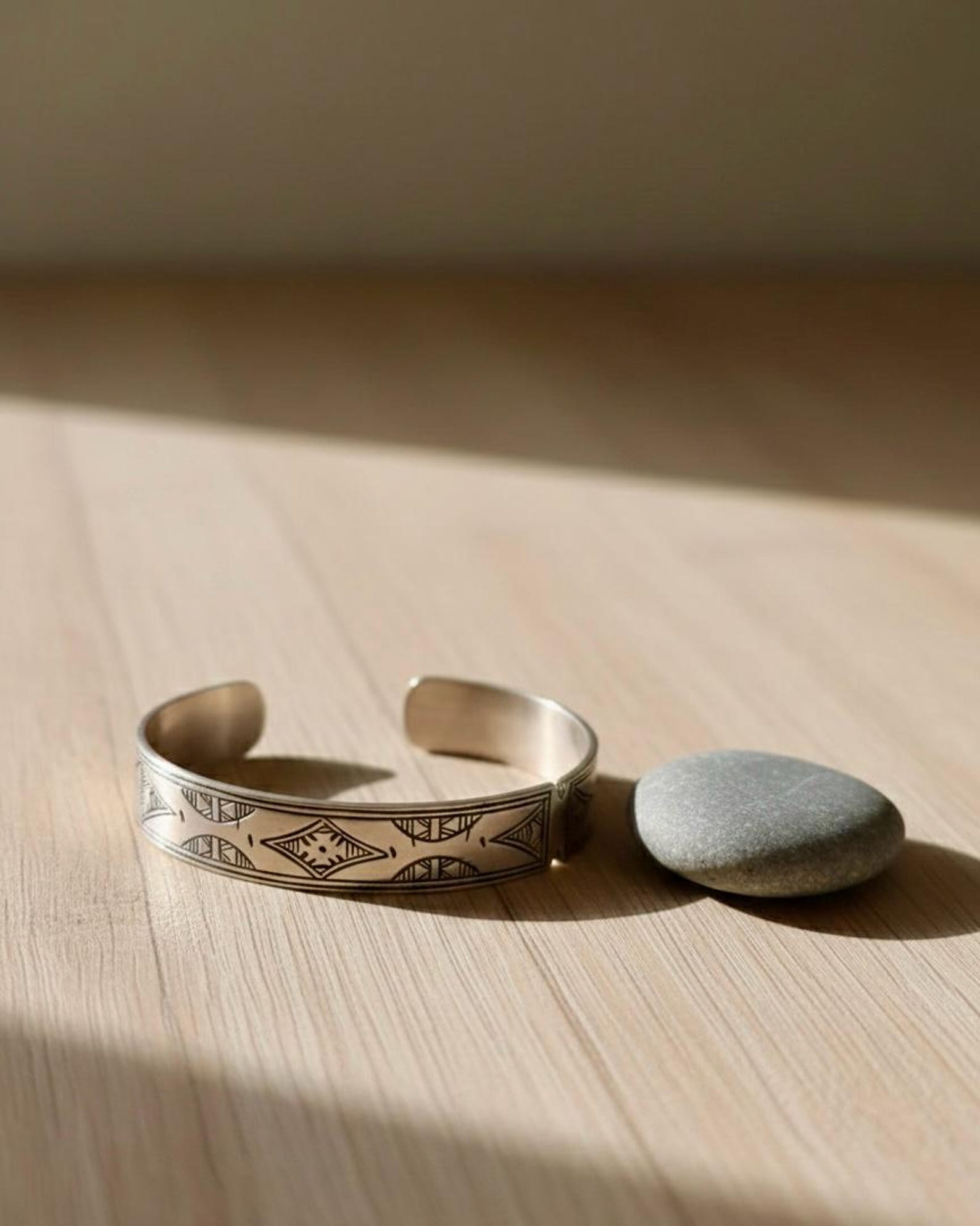 Berber Amazigh Engraved Silver-Toned Cuff Bracelet Minimal Unisex Style