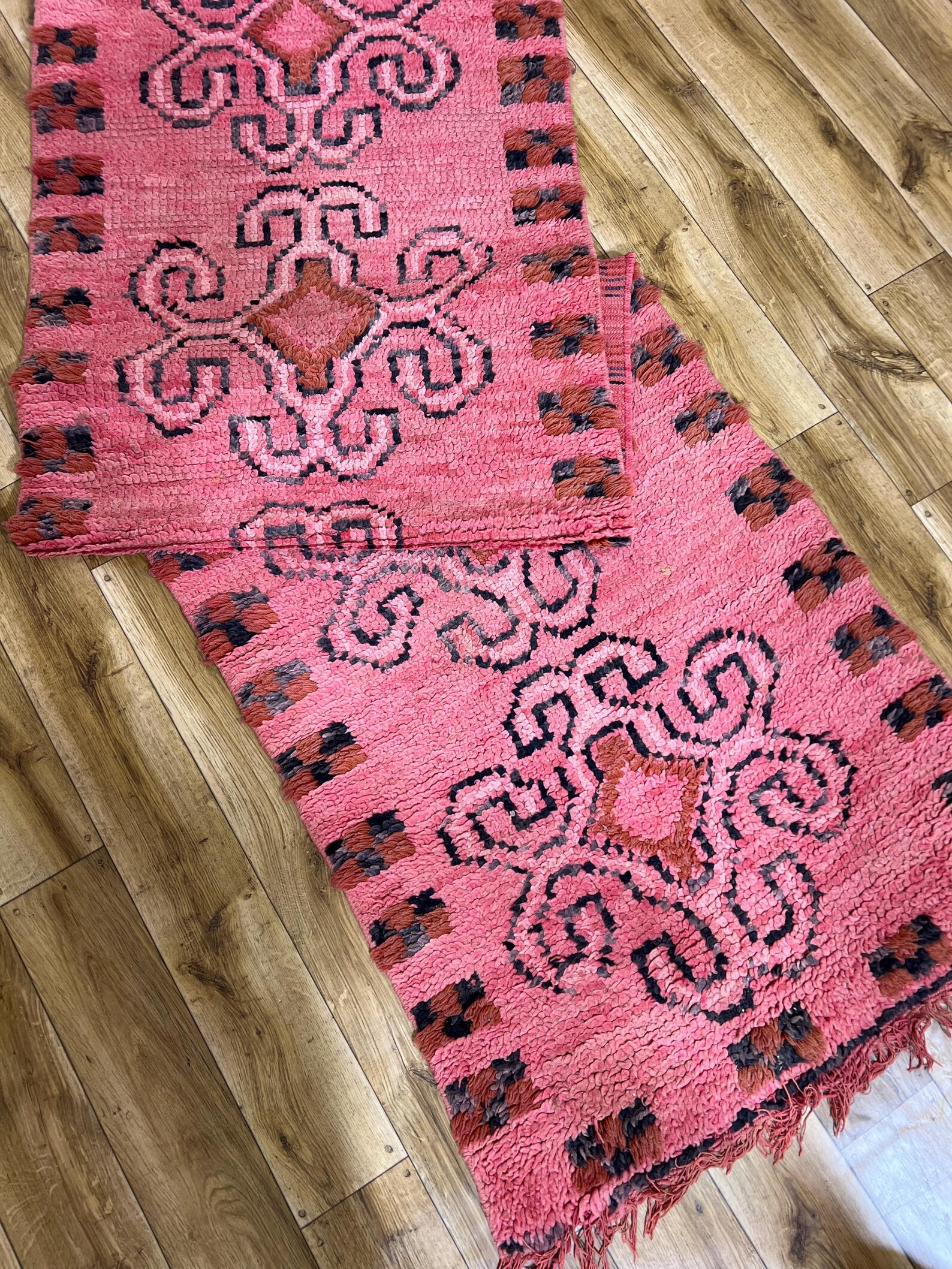 Amazigh Berber Pink Spiral Vintage Hand Knotted Wool Runner Rug