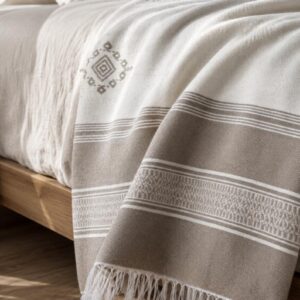 Amazigh Berber Cotton Blanket Taupe Throw with Fringe Bedspread