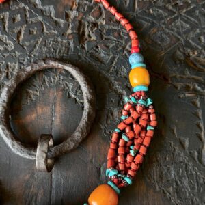 Amazigh Berber Tagmout Necklace with Coral Turquoise Copal Beads
