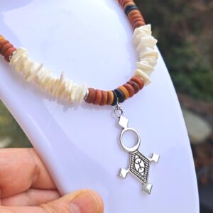 Amazigh Berber Tuareg Cross Necklace with Natural Shells and Beads