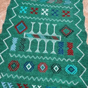 Amazigh Berber Green Handwoven Runner Rug with Geometric Patterns