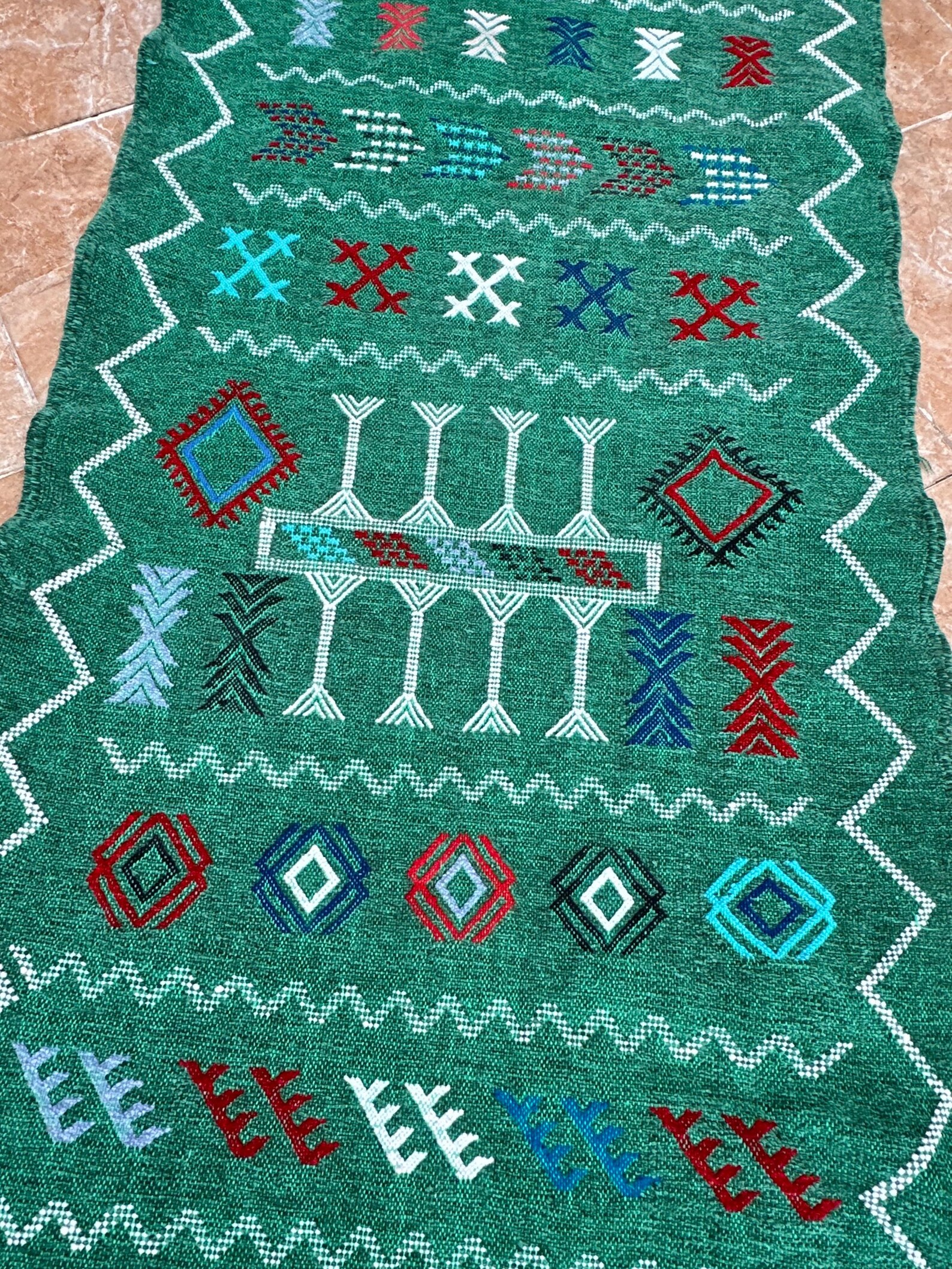 Amazigh Berber Green Handwoven Runner Rug with Geometric Patterns