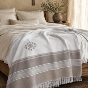 Amazigh Berber Cotton Blanket Taupe Throw with Fringe Bedspread