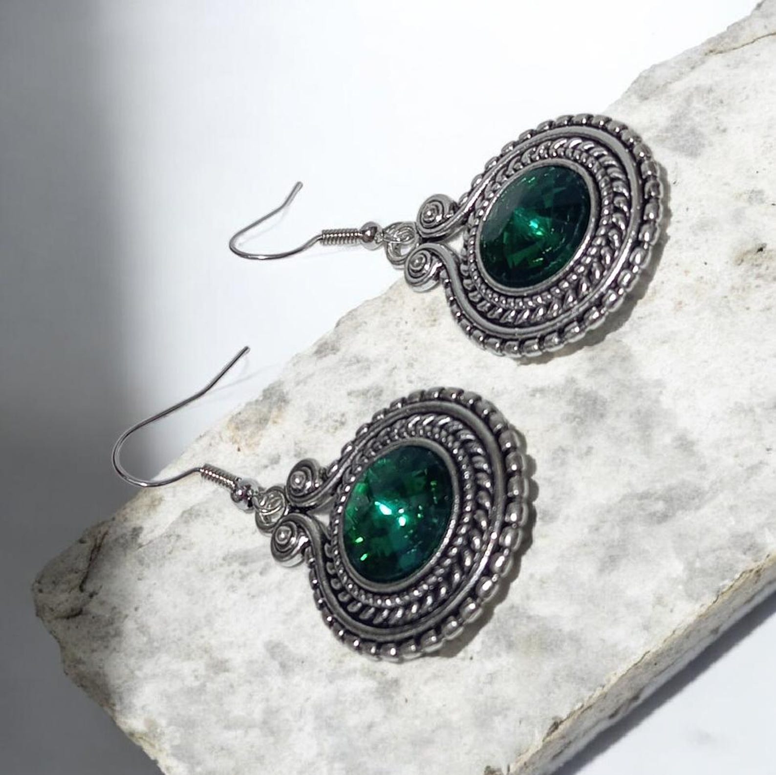 Amazigh Traditional Silver Plated Earrings with Green Stone