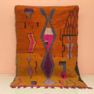 Berber Azilal Ochre Rust Diamond Wool Rug with Tribal Art Design