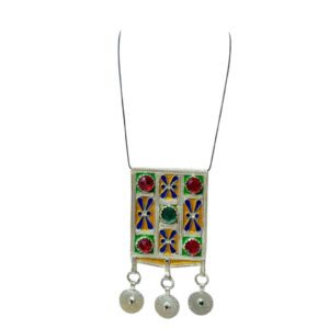 Amazigh Necklace with Colorful Berber Pendant and Dangling Metal Discs