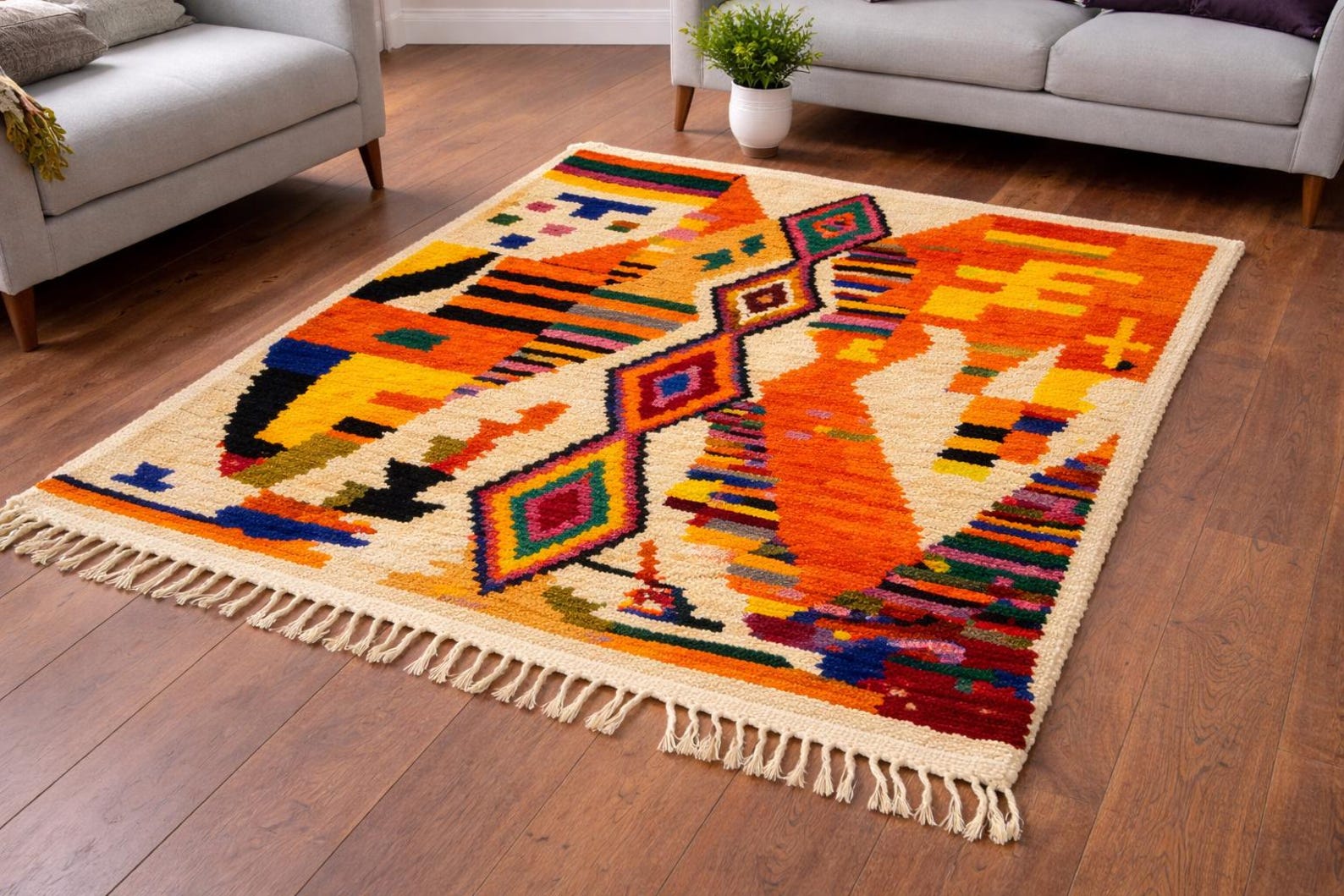 Amazigh Beni Ourain Handwoven Wool Rug with Geometric Patterns