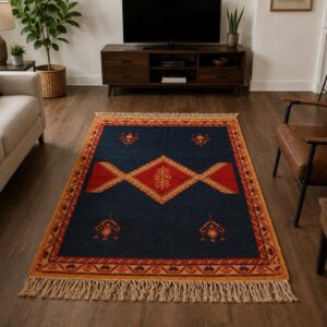 Hand-knotted Berber Amazigh Navy Diamond Rug with symbols believed to carry meaning