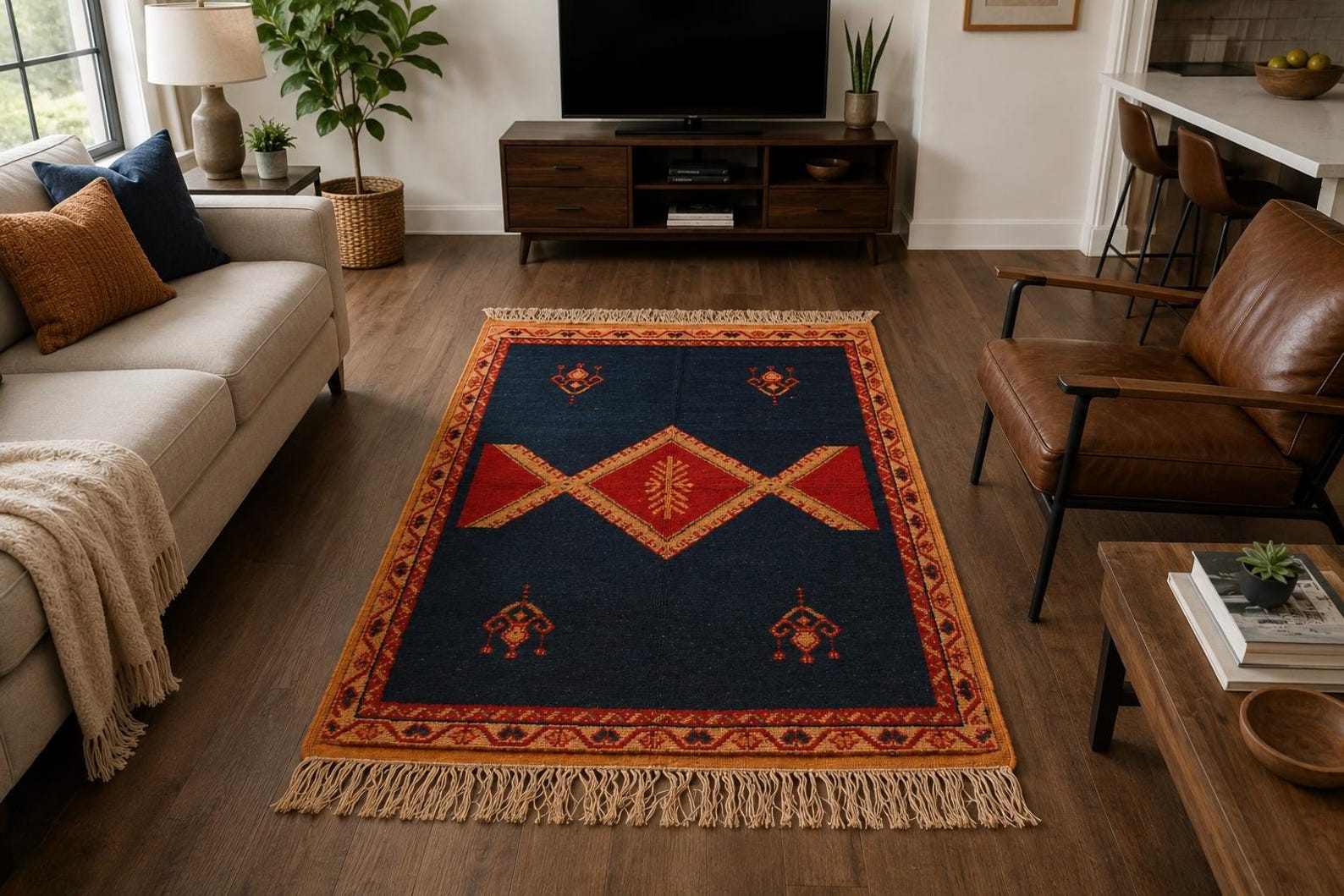 Hand-knotted Berber Amazigh Navy Diamond Rug with symbols believed to carry meaning