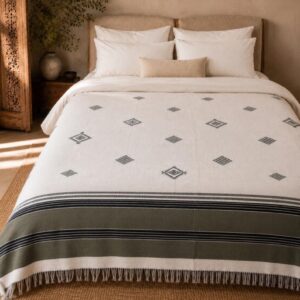 Amazigh Handwoven Cotton Blanket with Olive Border Bedspread Cover