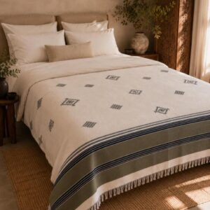Amazigh Handwoven Cotton Blanket with Olive Border Bedspread Cover