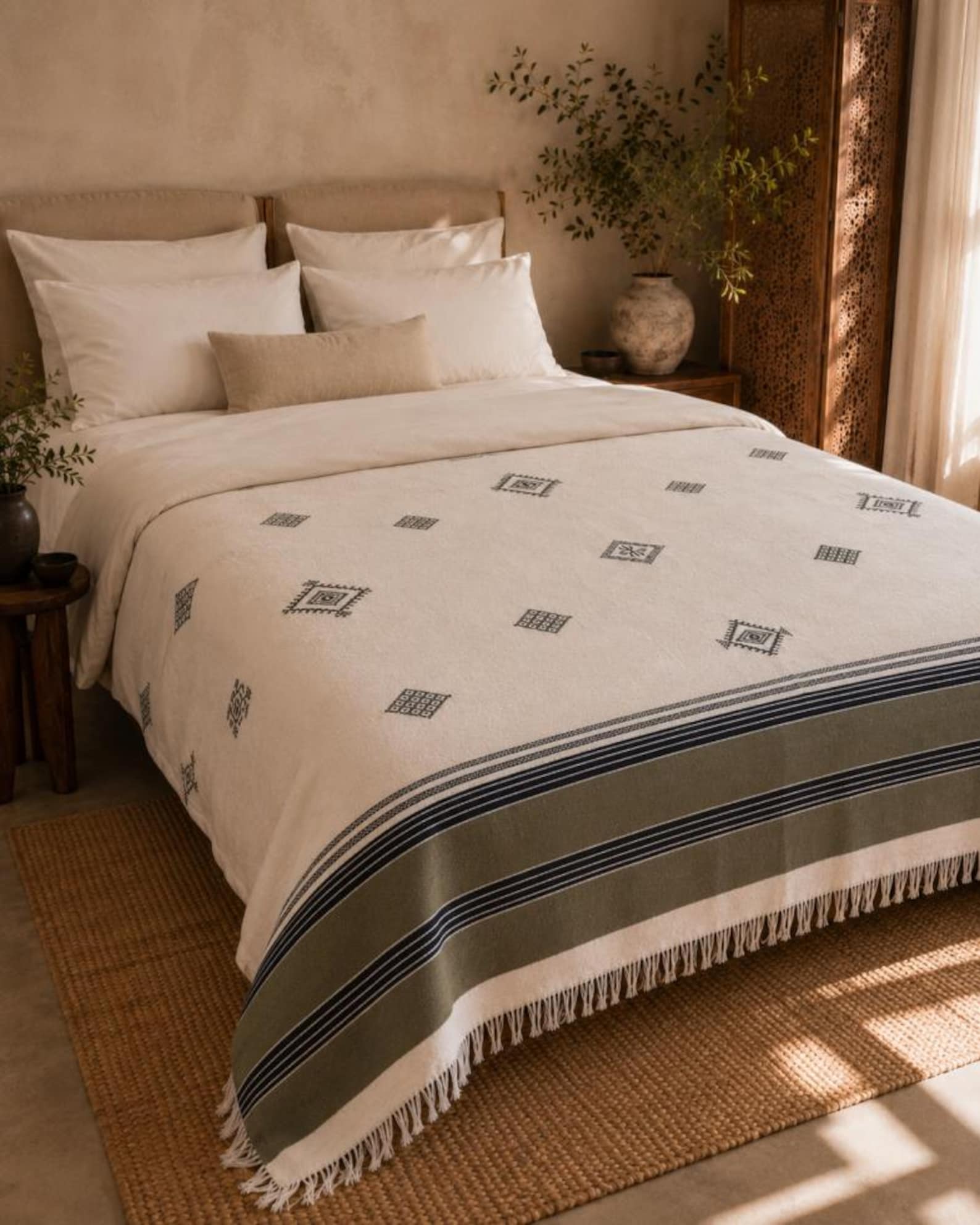Amazigh Handwoven Cotton Blanket with Olive Border Bedspread Cover