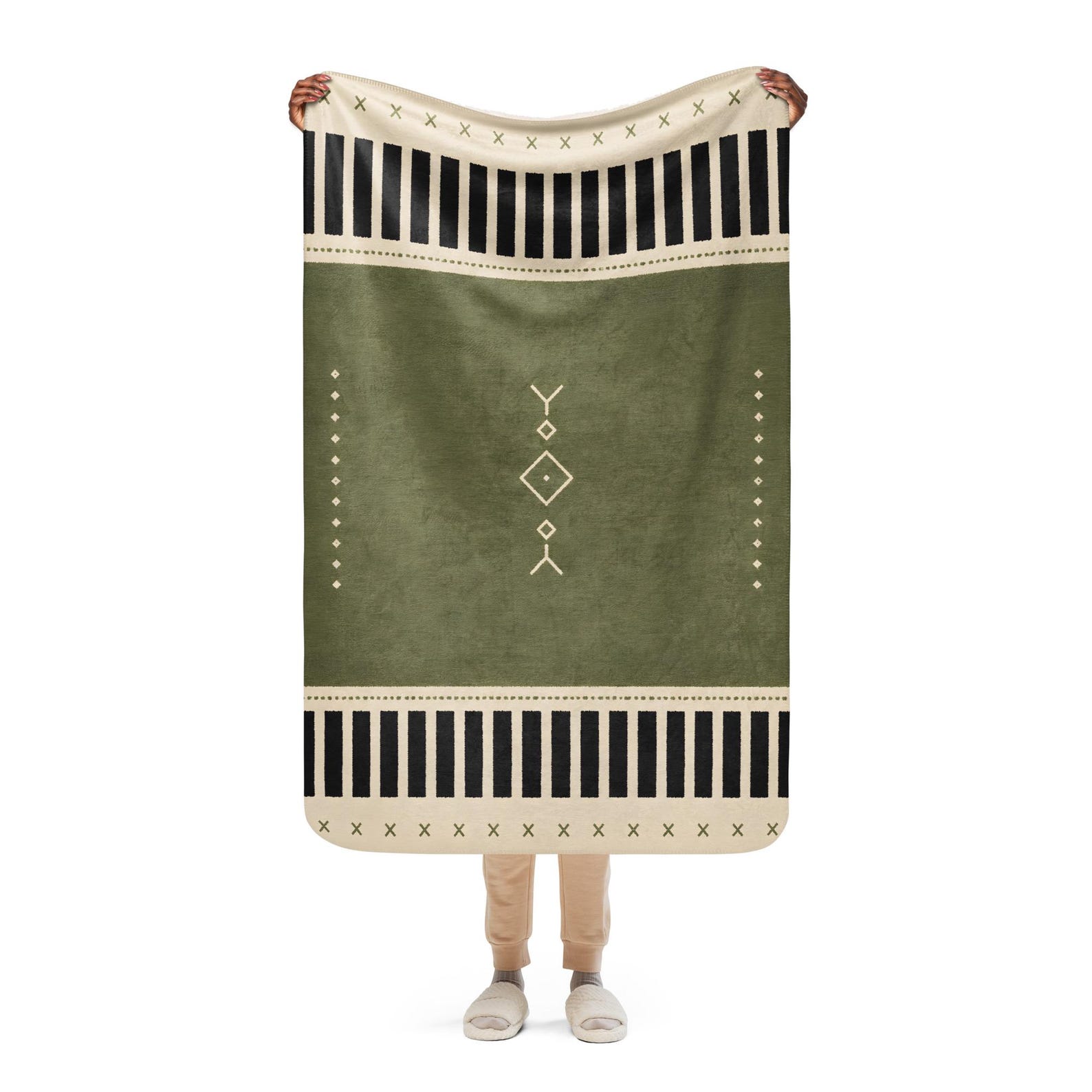 Amazigh Berber Sherpa Blanket Olive Green North African Modern Geometric Throw