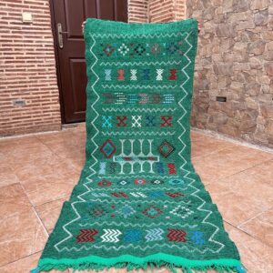 Amazigh Berber Green Handwoven Runner Rug with Geometric Patterns