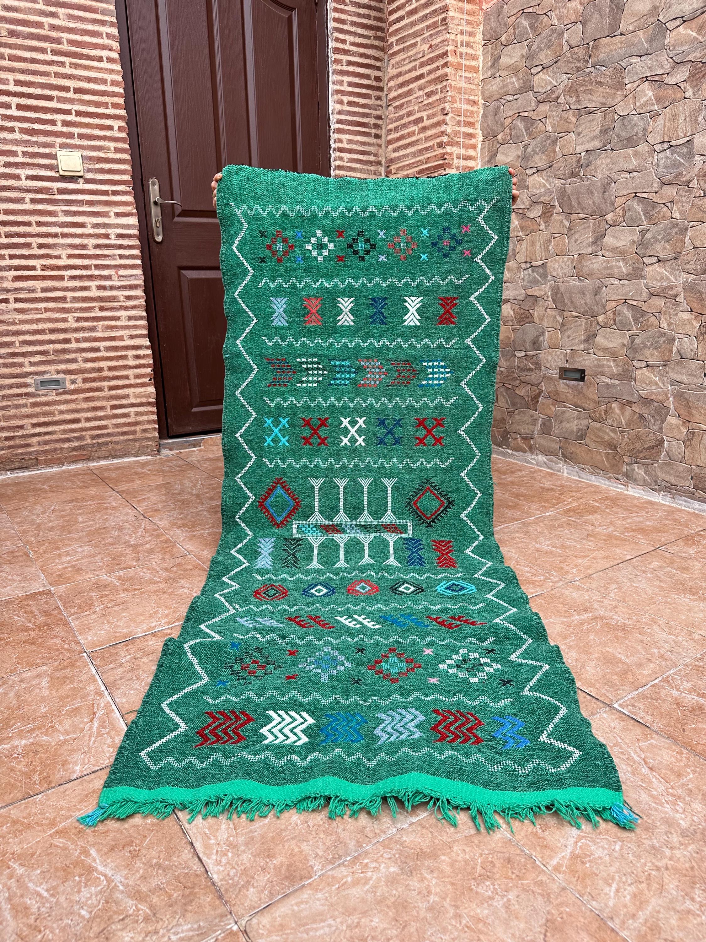 Amazigh Berber Green Handwoven Runner Rug with Geometric Patterns