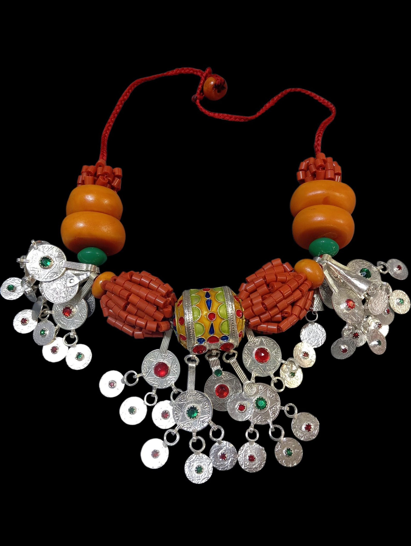 Amazigh Berber Amber Coral Tribal Silver Statement Necklace
