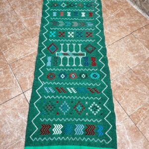Amazigh Berber Green Handwoven Runner Rug with Geometric Patterns
