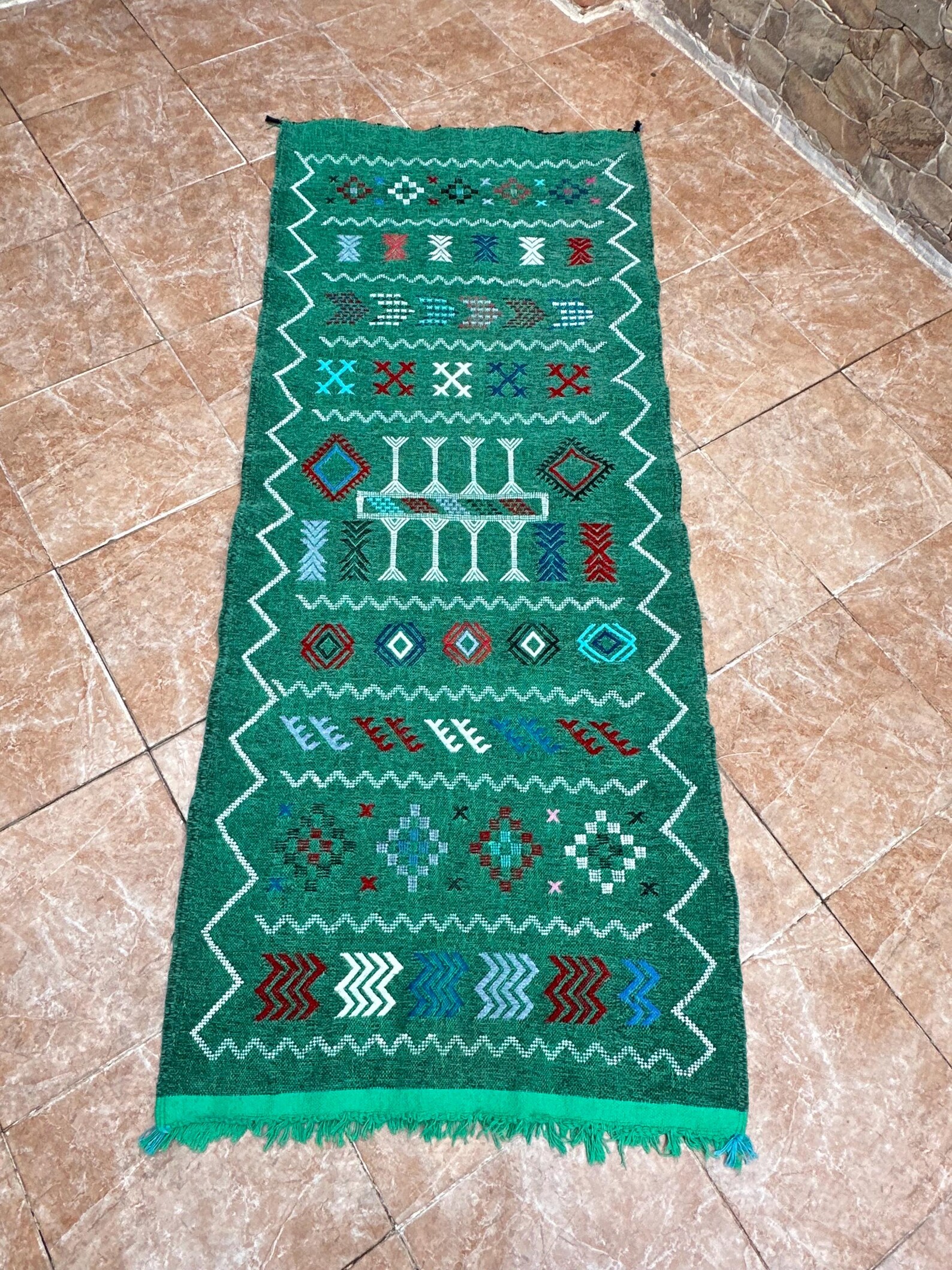 Amazigh Berber Green Handwoven Runner Rug with Geometric Patterns