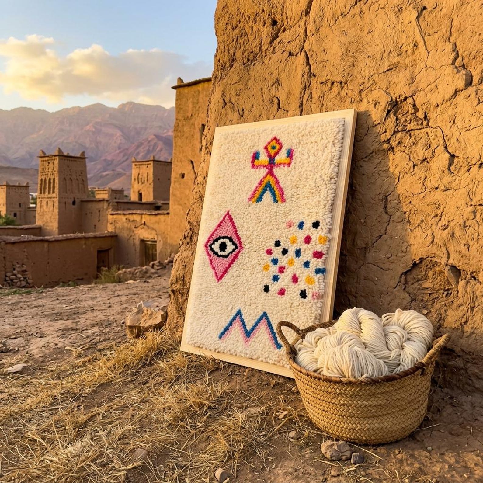 Berber Amazigh Knotted Wool Tapestry Protective Eye Symbol Wall Art