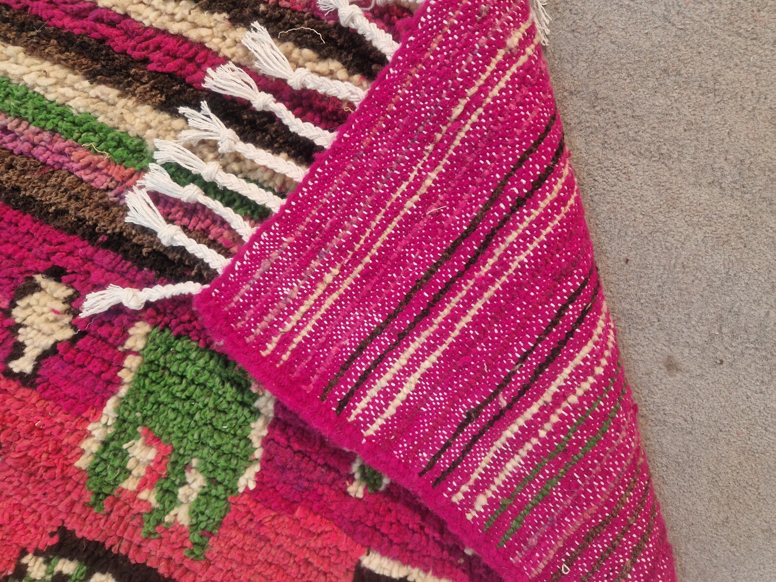 Fuchsia Pink Amazigh Berber Handmade Wool Boujad Rug with Mosaic Design