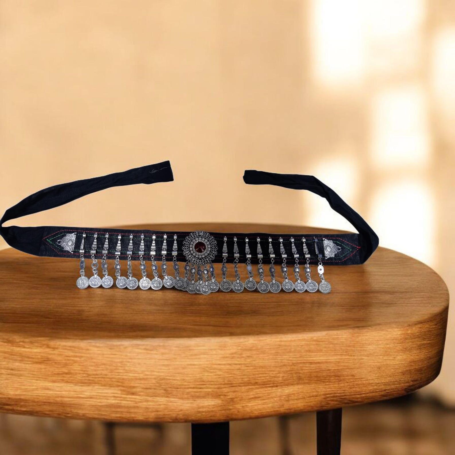 Amazigh Berber Handmade Black Coin Belt with Traditional Motifs