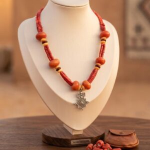 Berber Amazigh Souss Necklace with Synthetic Amber Beads and Plated Pendant