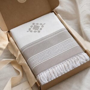 Amazigh Berber Cotton Blanket Taupe Throw with Fringe Bedspread