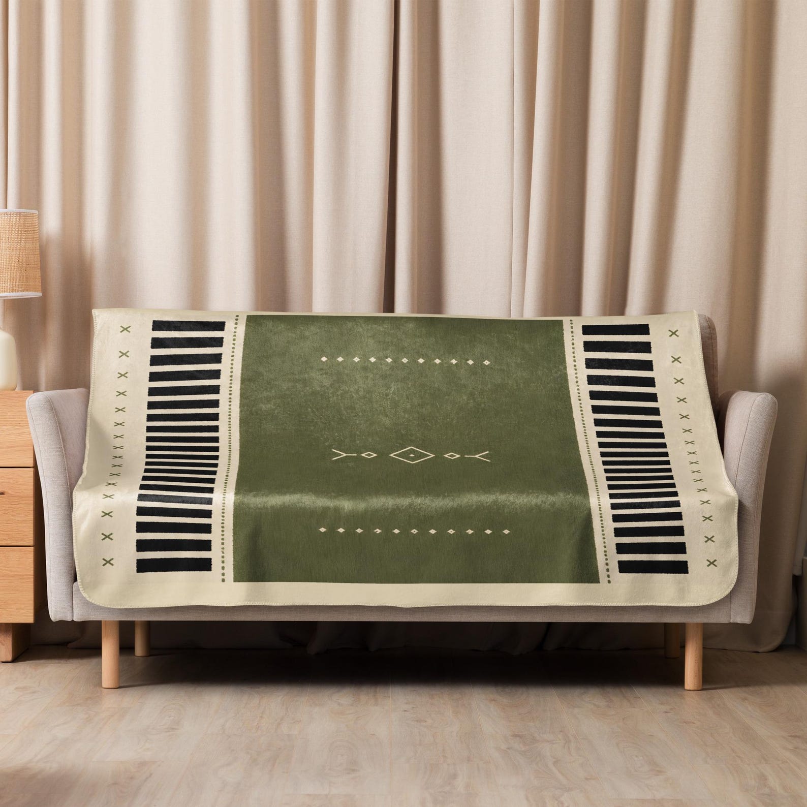 Amazigh Berber Sherpa Blanket Olive Green North African Modern Geometric Throw