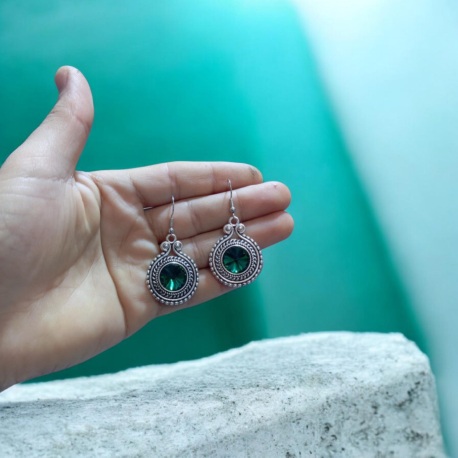 Amazigh Traditional Silver Plated Earrings with Green Stone