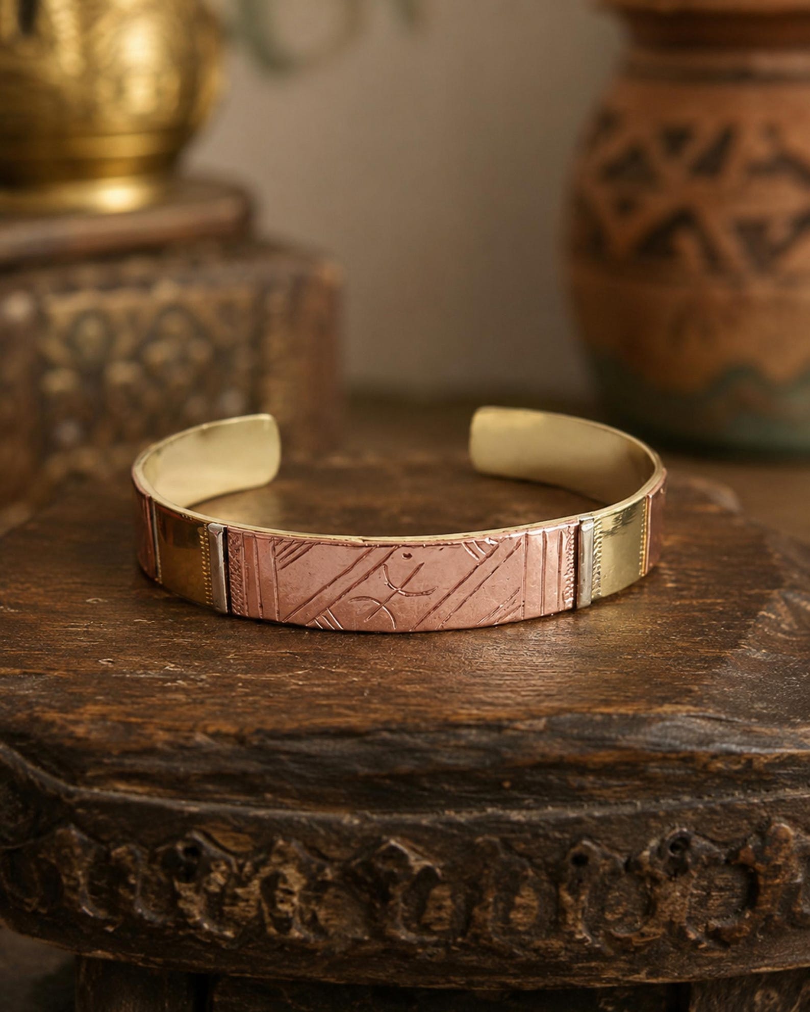 Amazigh Berber Tuareg Tifinagh Cuff Bracelet with Mixed Copper Silver Details