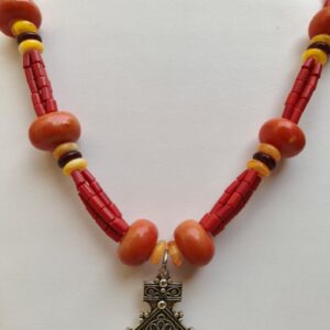 Berber Amazigh Souss Necklace with Synthetic Amber Beads and Plated Pendant