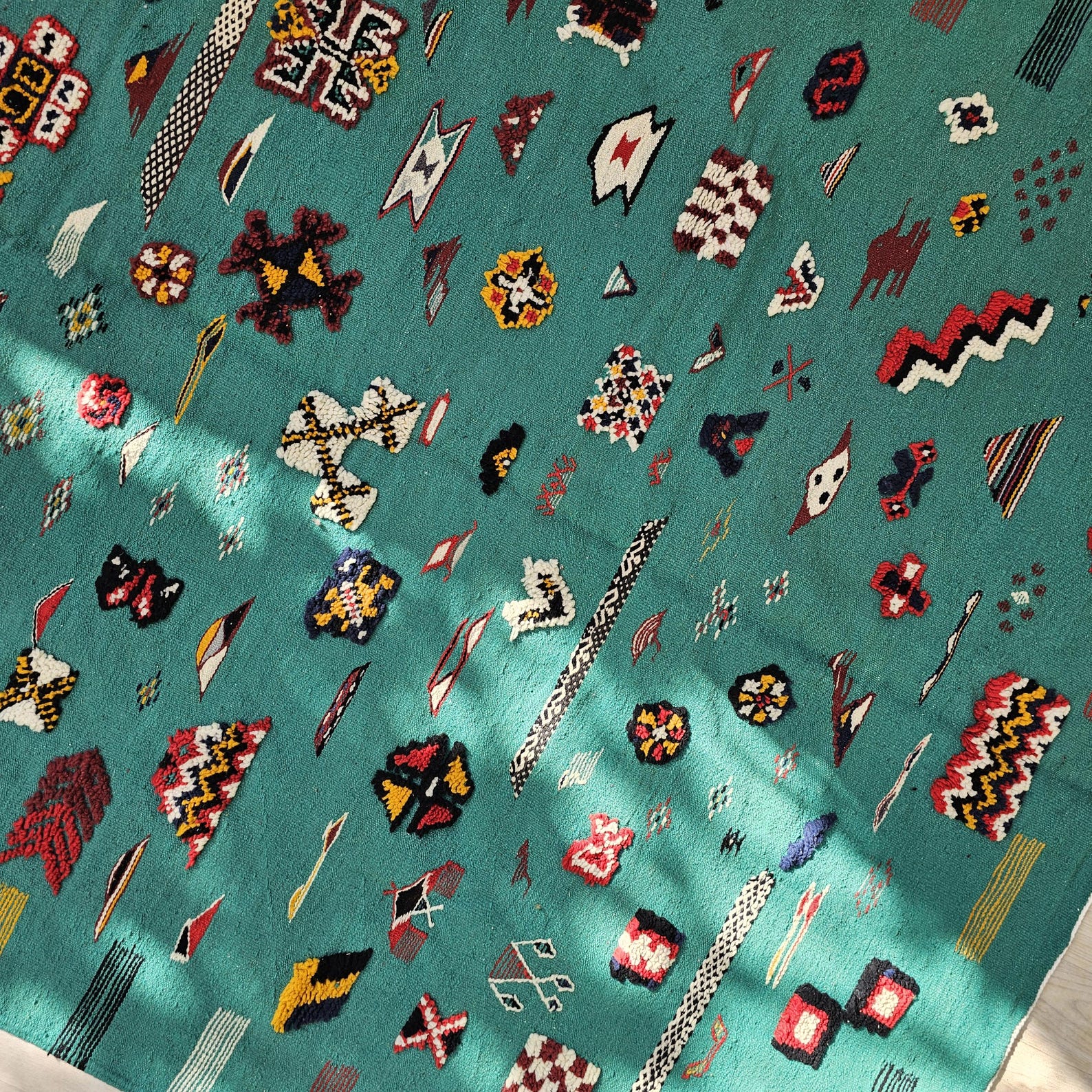Amazigh Berber Colorful Teal Wool Rug with Tribal Symbols