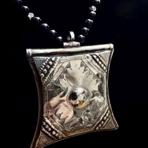 African Tuareg Amazigh Tcherot Tifinagh Amulet Necklace with Onyx Beads