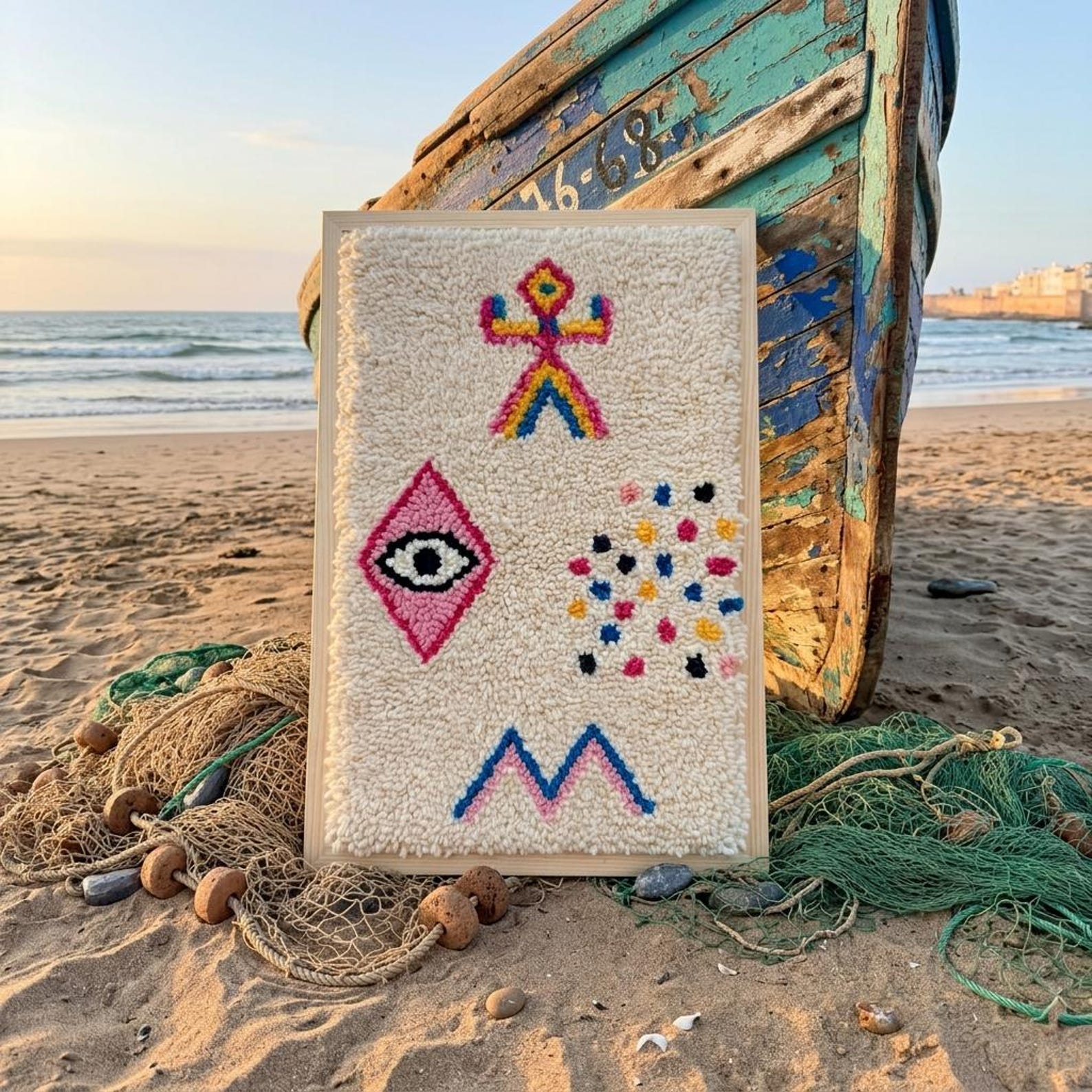 Berber Amazigh Knotted Wool Tapestry Protective Eye Symbol Wall Art