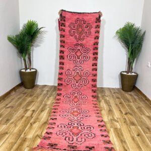 Amazigh Berber Pink Spiral Vintage Hand Knotted Wool Runner Rug