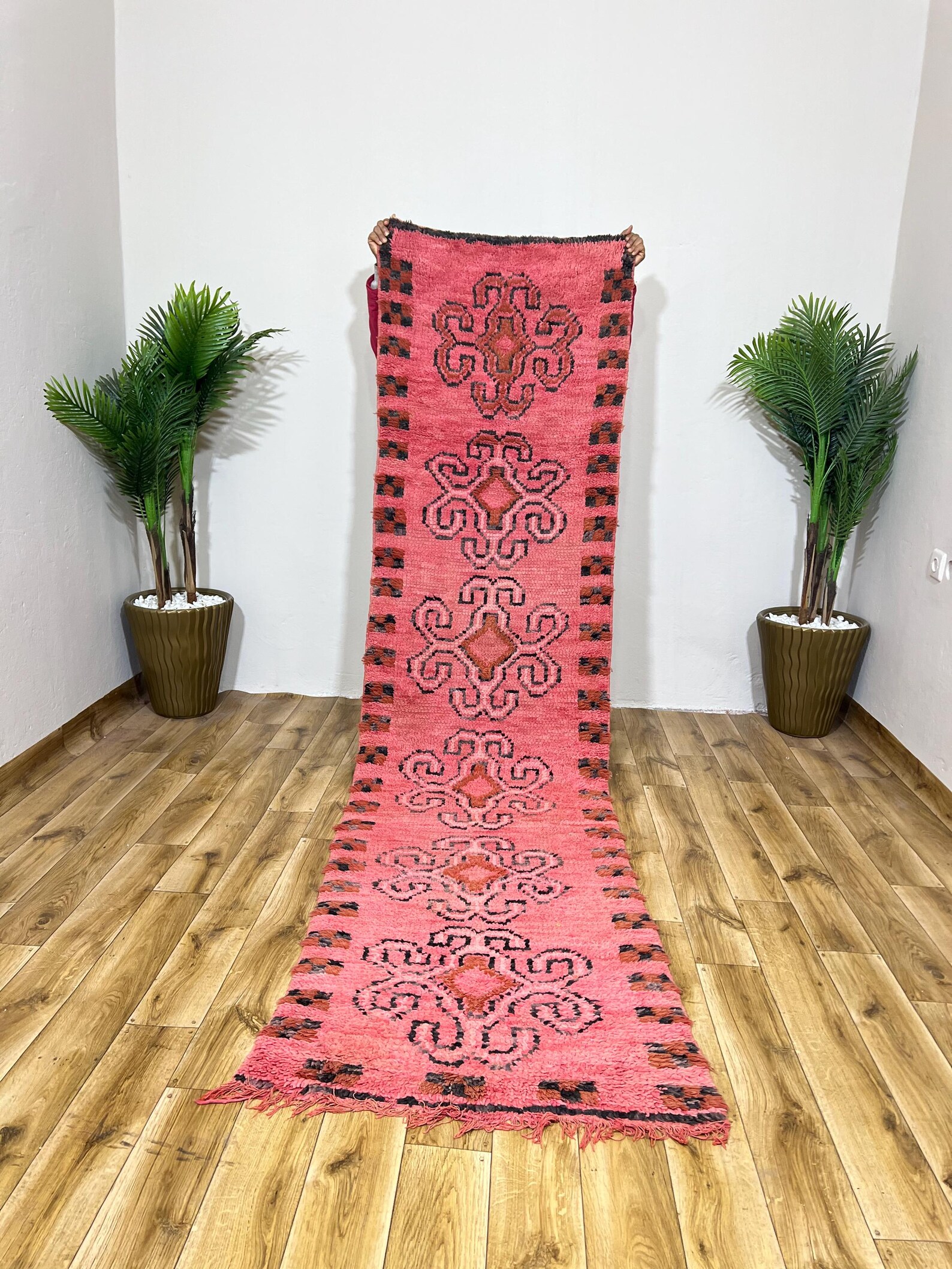 Amazigh Berber Pink Spiral Vintage Hand Knotted Wool Runner Rug