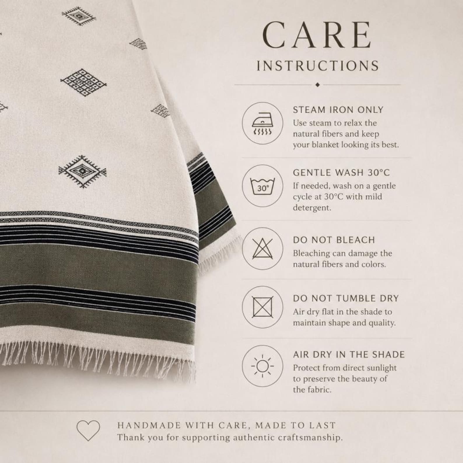 Amazigh Handwoven Cotton Blanket with Olive Border Bedspread Cover