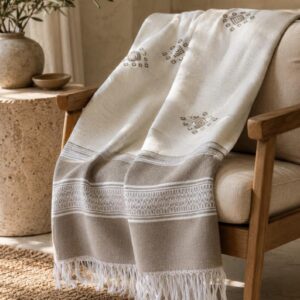 Amazigh Berber Cotton Blanket Taupe Throw with Fringe Bedspread