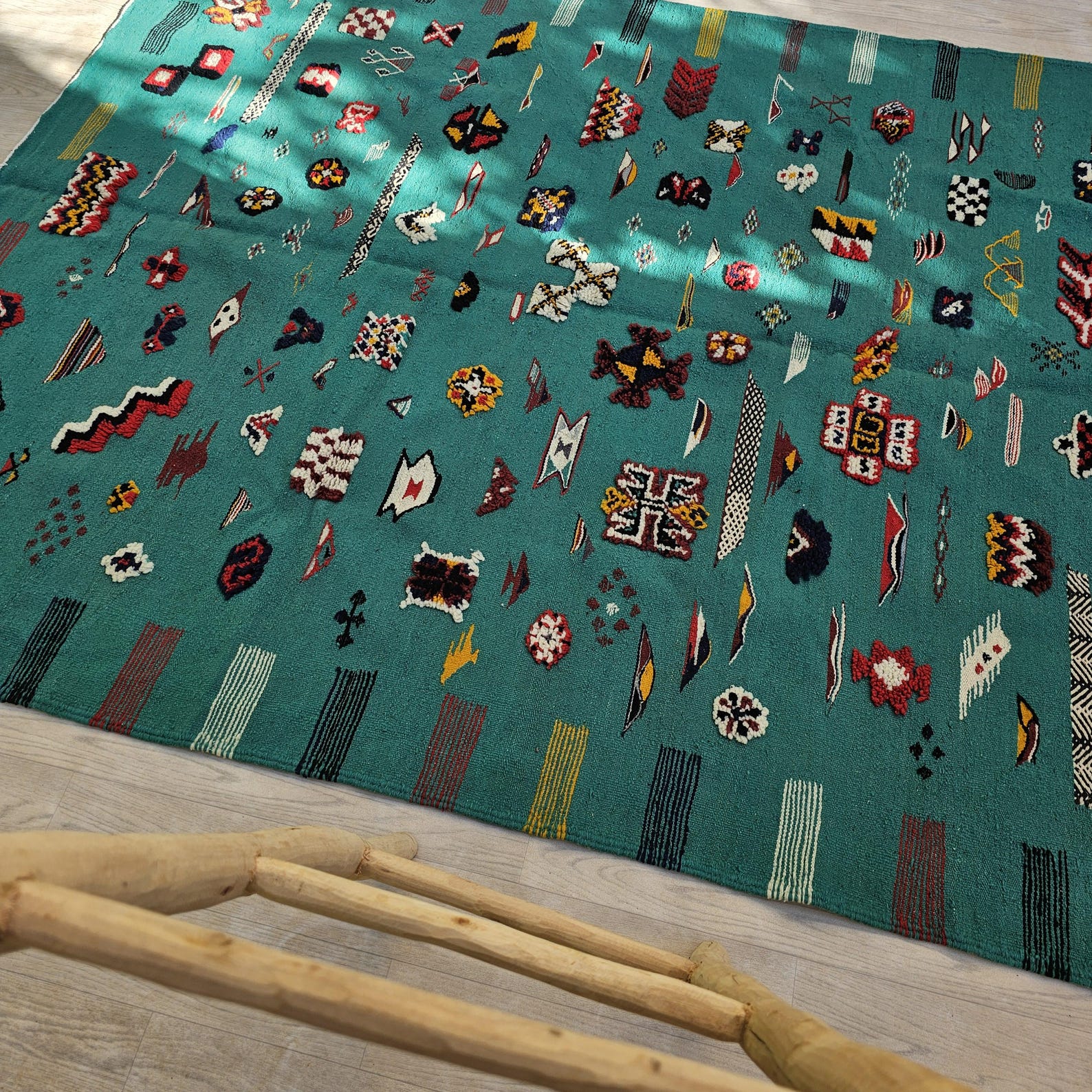 Amazigh Berber Colorful Teal Wool Rug with Tribal Symbols