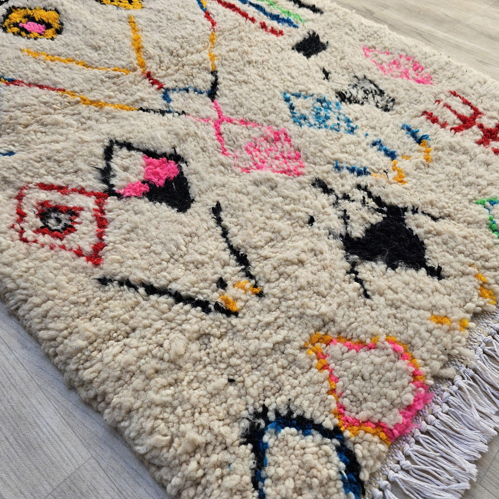 Colorful Berber Amazigh Azilal Beni Ourain Wool Rug Tribal Design
