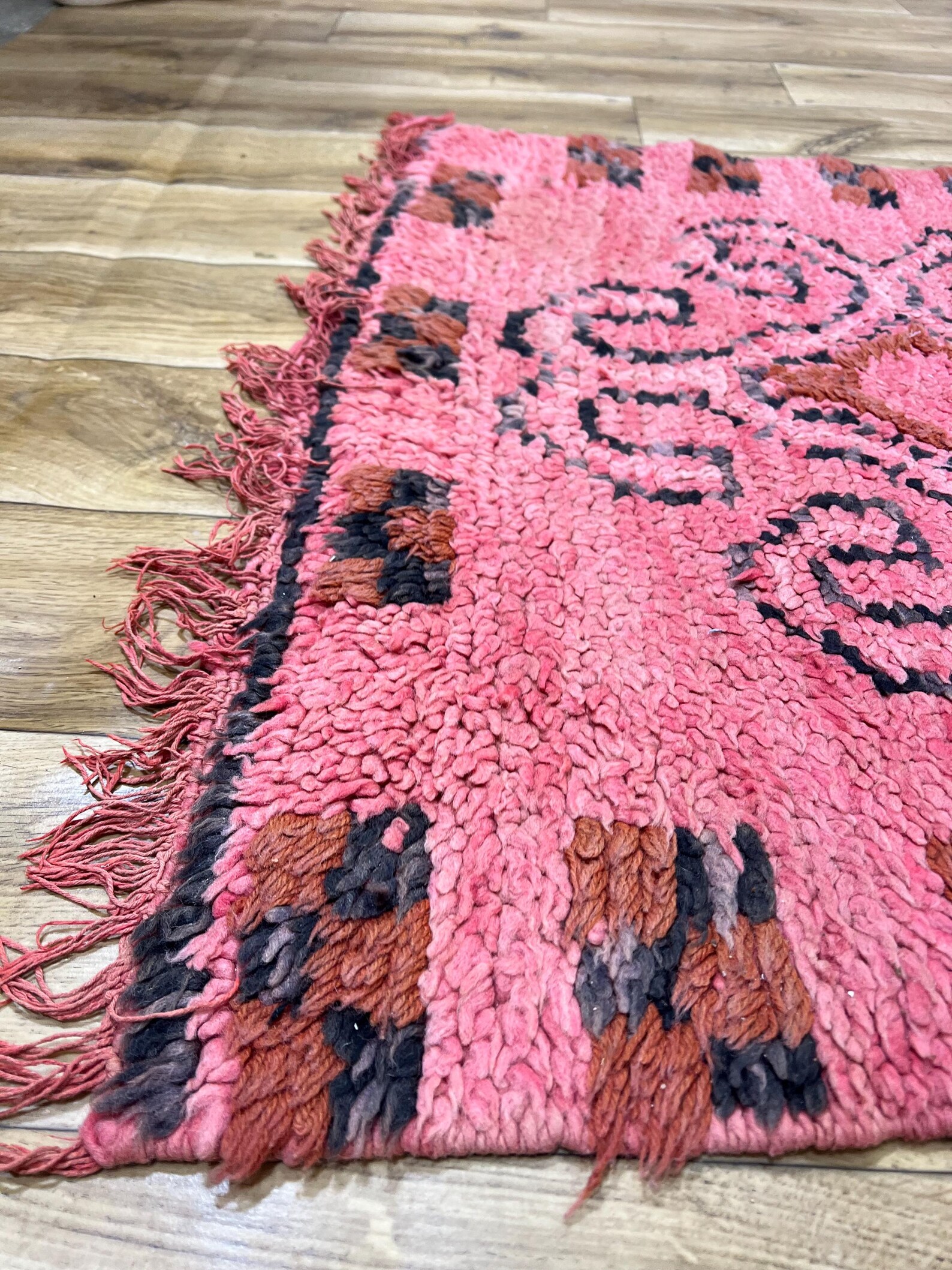Amazigh Berber Pink Spiral Vintage Hand Knotted Wool Runner Rug