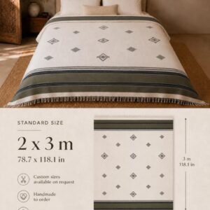 Amazigh Handwoven Cotton Blanket with Olive Border Bedspread Cover