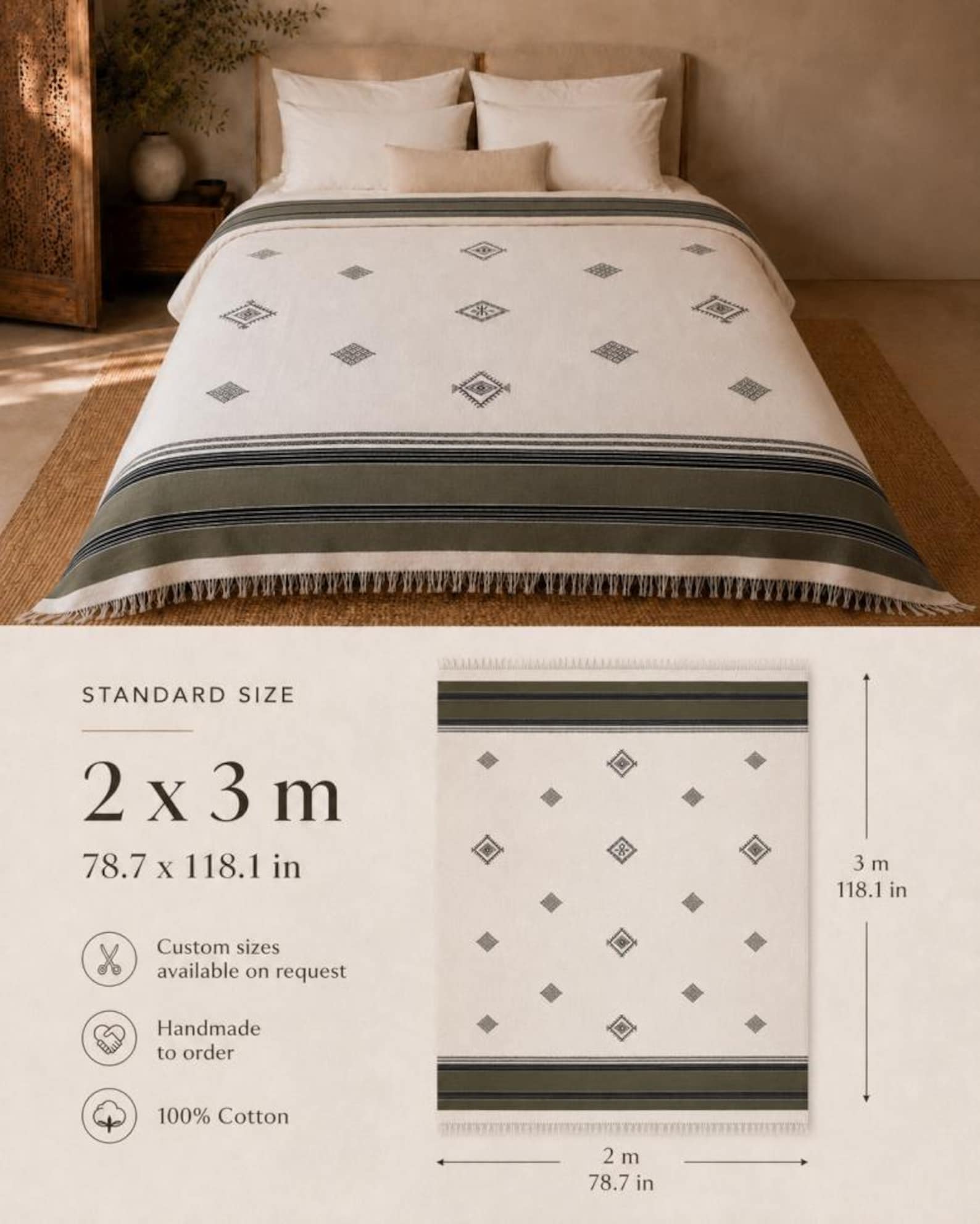 Amazigh Handwoven Cotton Blanket with Olive Border Bedspread Cover
