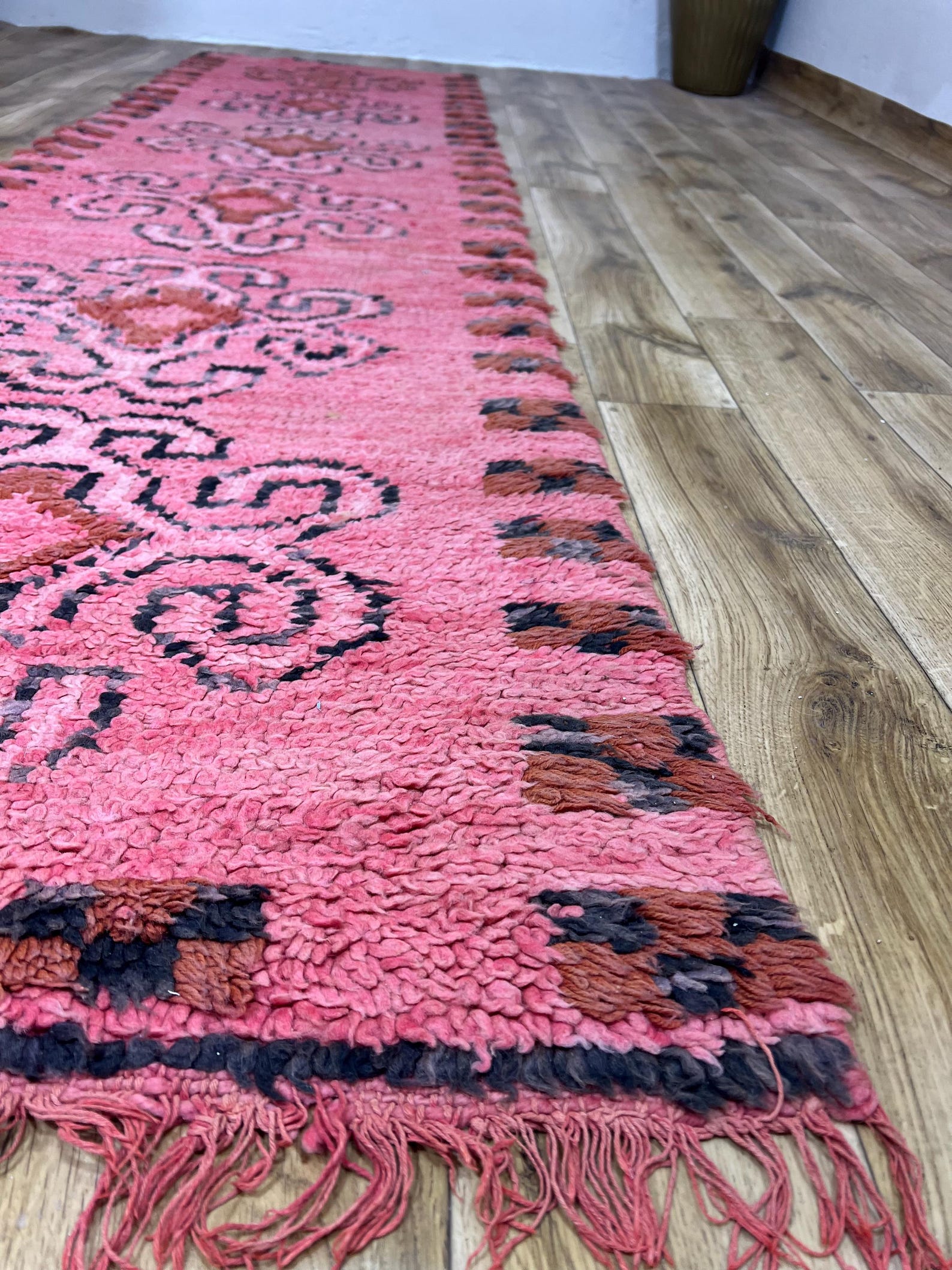 Amazigh Berber Pink Spiral Vintage Hand Knotted Wool Runner Rug