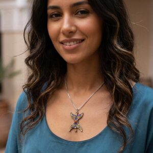 Handmade Tiznit Silver Amazigh Pendant Necklace with Berber Enamel Coral Design